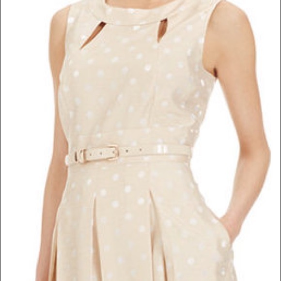 Tahari Dresses & Skirts - Tahari Coral Fit and Flare Pleated Midi Dress with Polka Dots & Tan Skinny Belt